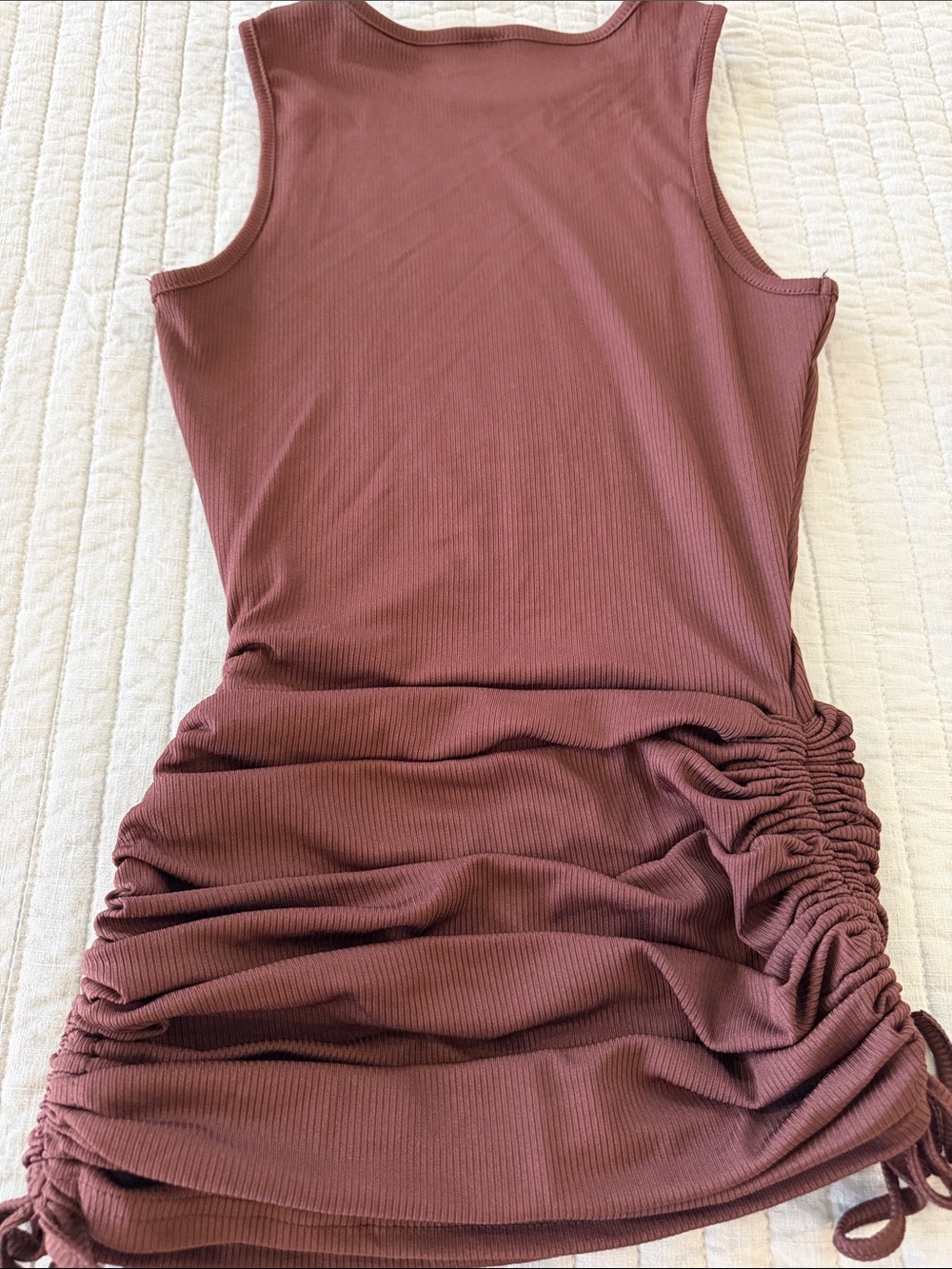 Sleeveless Ribbed Ruched Tank Dress - Mauve Brown - Picture 3 of 3